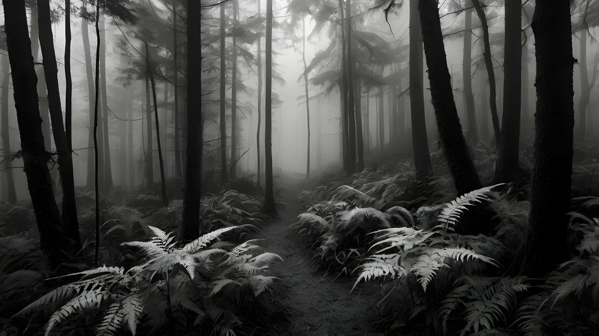 Black and White Misty Trail 壁紙 — 一條霧氣瀰漫的單色森林小徑蜿蜒穿過高聳的樹木和茂密的蕨類植物，在柔和漫射的光線下。