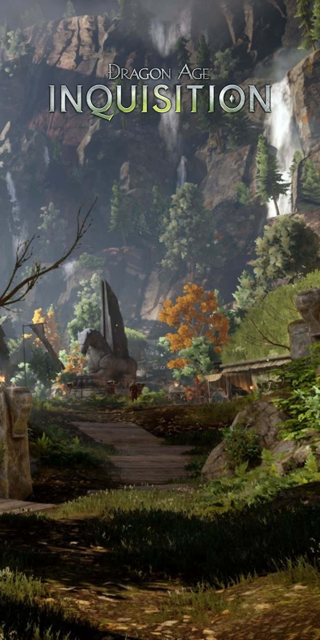 Pixel 3 Dragon Age Inquisition 桌布 壁紙 — 一條霧氣瀰漫的山路蜿蜒穿過古老的廢墟和色彩繽紛的秋樹，下方是瀑布。