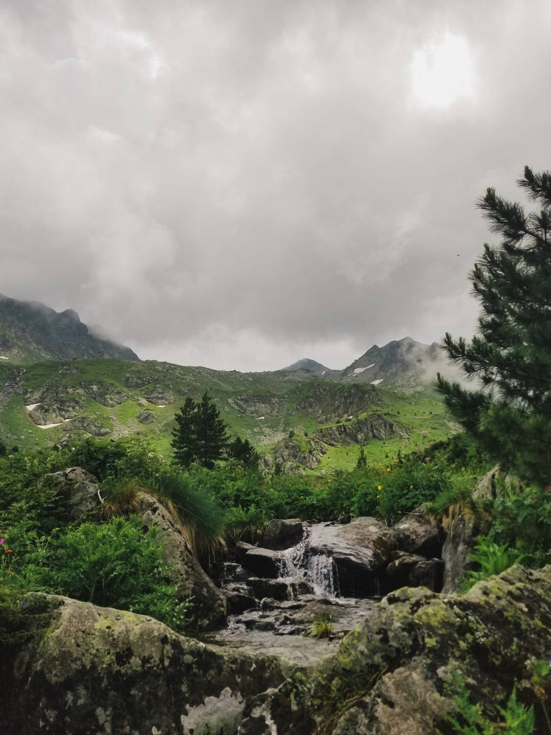 一條小瀑布流經岩石嶙峋的山谷，兩旁綠樹成蔭，山頂雲霧繚繞。 — iPhone 4K 壁紙 壁紙