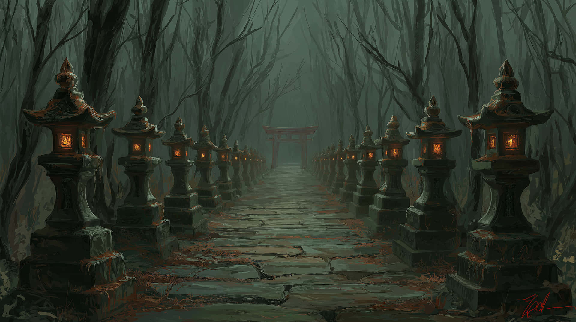 Mystical Forest Path Lined with Stone Lanterns to a Shrine 壁紙 — 一條霧氣瀰漫的森林小徑，兩旁排列著發光的石燈籠，通向遠處的紅色鳥居。