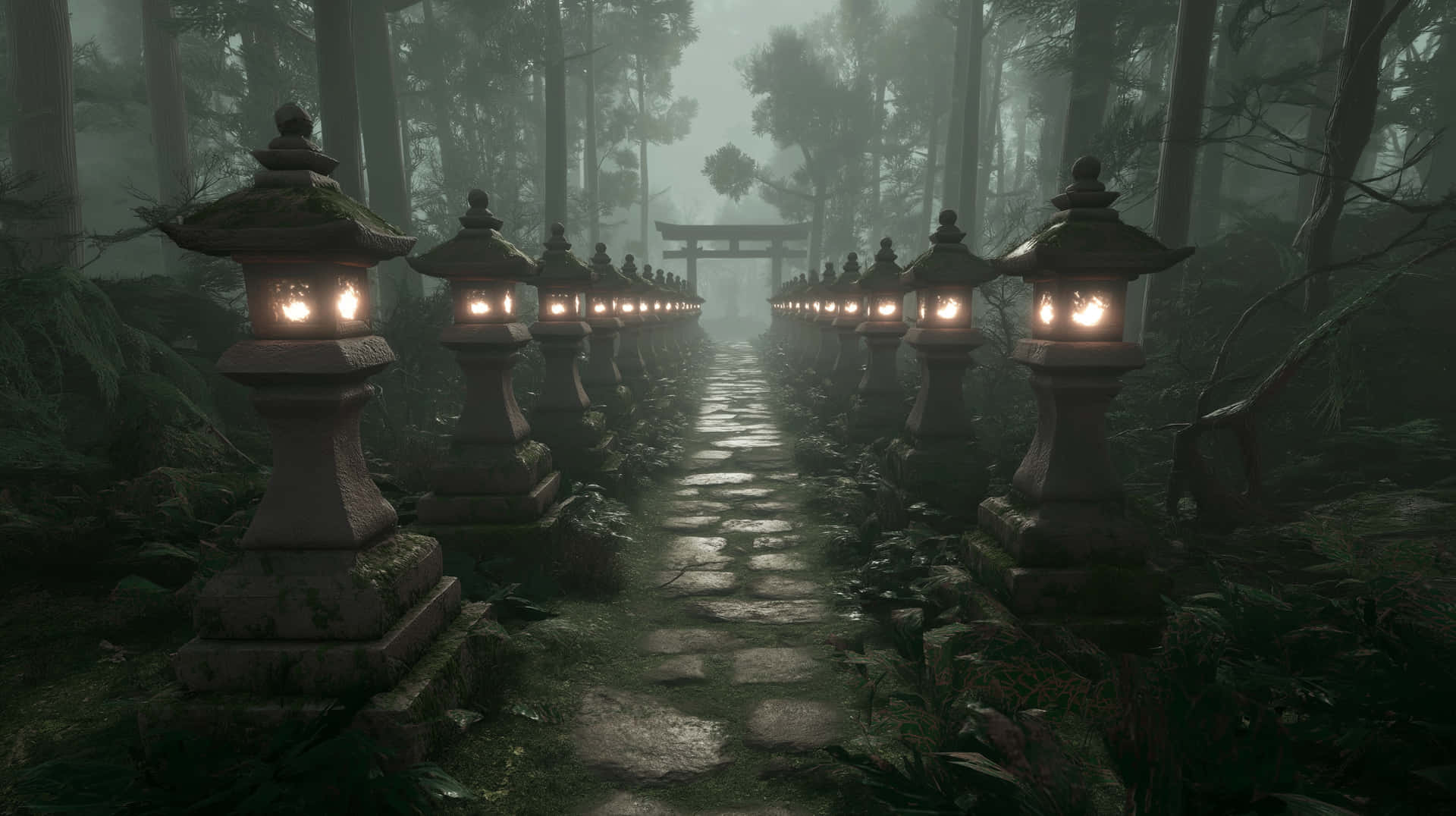 Mystical Forest Path Lined with Stone Lanterns to a Shrine 壁紙 — 一條霧氣瀰漫的森林小徑，兩旁排列著發光的石燈籠，通向遠處的鳥居。