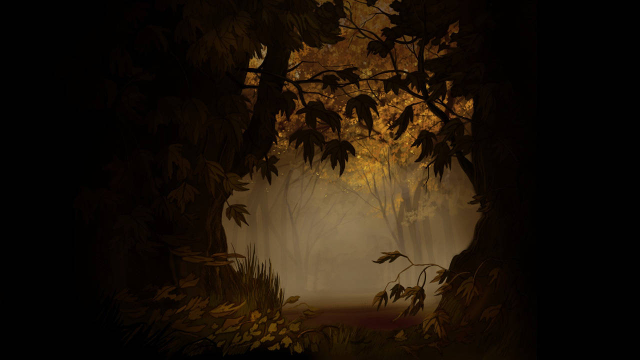 over the garden wall 桌布 壁紙 — 一條霧氣瀰漫的森林小徑，兩旁是深色樹木，遠處金色樹葉柔和發光。
