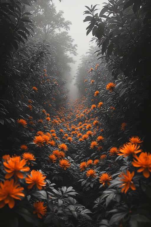 Solitary Flame Cinematic Orange Flower 壁紙 — 一條霧氣瀰漫的森林小徑，兩旁是深色樹葉和霧中閃耀的鮮豔橙色花朵。