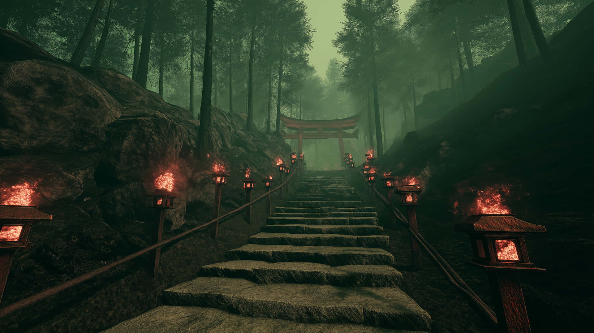 Mystical Forest Path Lined with Stone Lanterns to a Shrine 壁紙 — 一條霧氣瀰漫的森林小徑，石階兩旁有發光的燈籠，向上通往遠處的紅色鳥居。