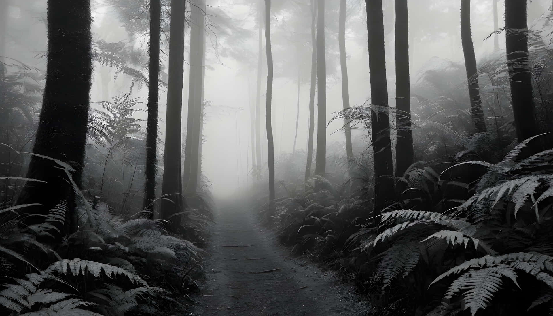 Silent Fern Forest Path 壁紙 — 一條霧氣瀰漫的森林小徑蜿蜒穿過高大的樹木和蕨類植物，呈現單色調。