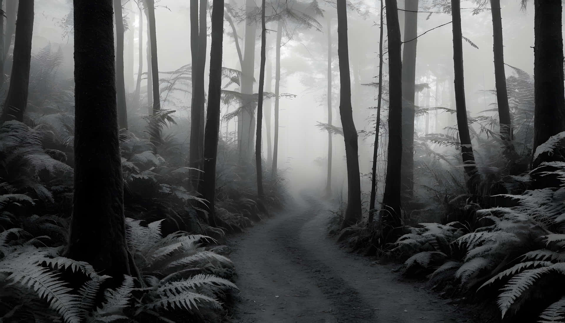 Silent Fern Forest Path 壁紙 — 一條霧氣瀰漫的森林小徑蜿蜒穿過高大的樹木和蕨類植物，呈現單色調。