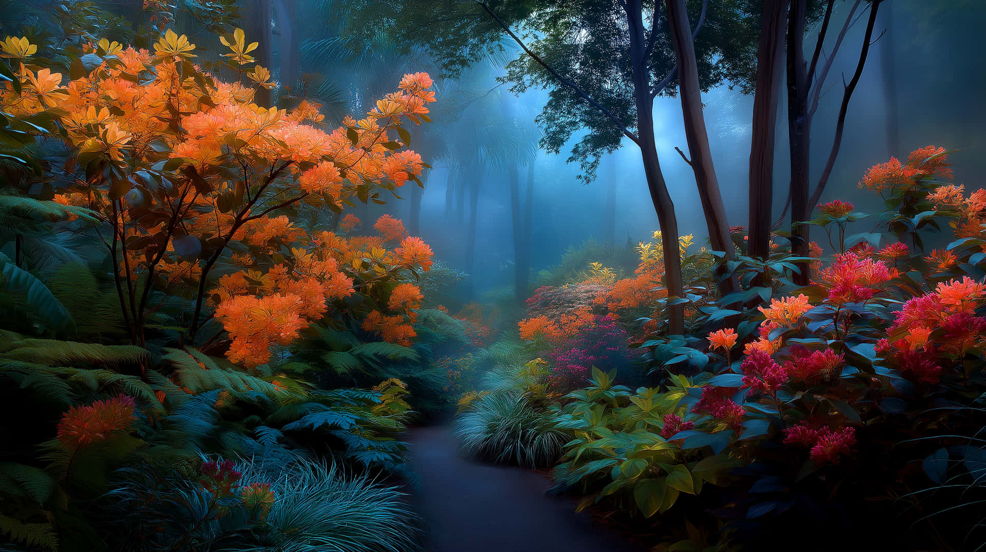 Lush Garden Path Through Vibrant Flowering Foliage 壁紙 — 一條霧氣瀰漫的森林小徑蜿蜒穿過鮮豔的橙色和粉紅色花叢，籠罩在清涼的藍色薄霧中。