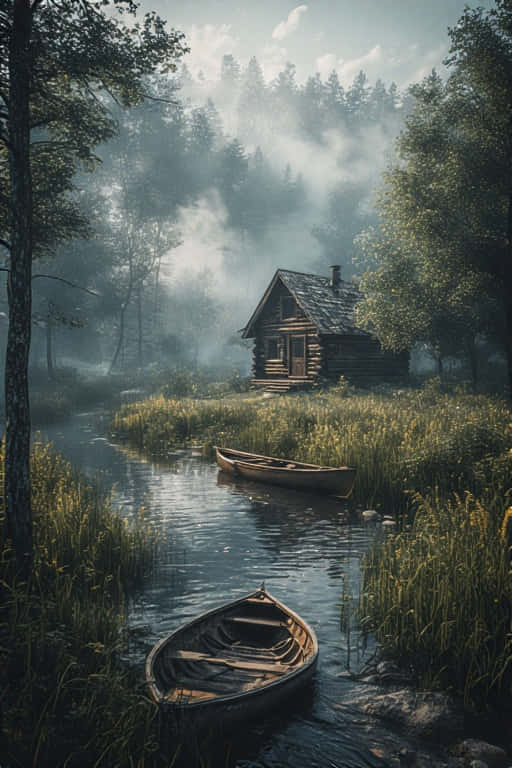 Rustic Cabin on Riverbank Peaceful Wilderness 4K 壁紙 — 一條霧氣瀰漫的森林小溪蜿蜒流過兩艘木製獨木舟，旁邊是一座坐落在高大樹木間的質樸木屋。