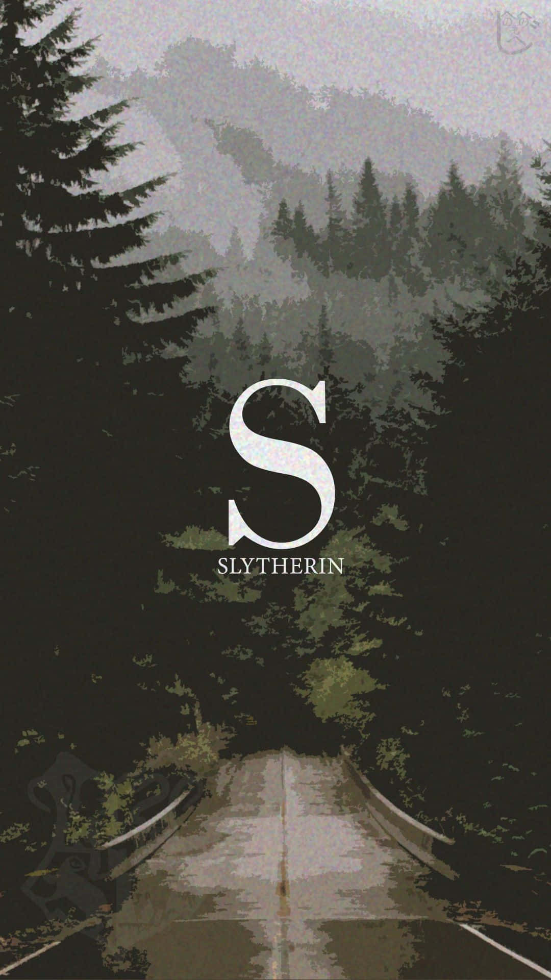 Cute Slytherin 桌布 壁紙 — 一條霧氣瀰漫的森林小路通向陰暗的松樹，畫面中央有一個大型白色史萊哲林 'S' 標誌。