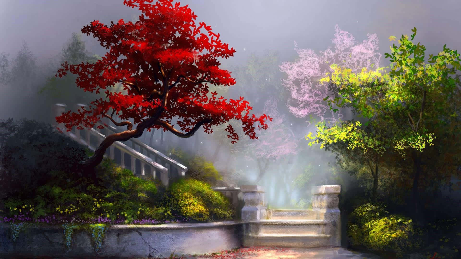 Enchantment 桌布 壁紙 — 一條霧氣瀰漫的花園小徑蜿蜒經過一棵鮮紅色的樹和石階，粉紅色和綠色的樹葉在柔和的晨光中閃耀。