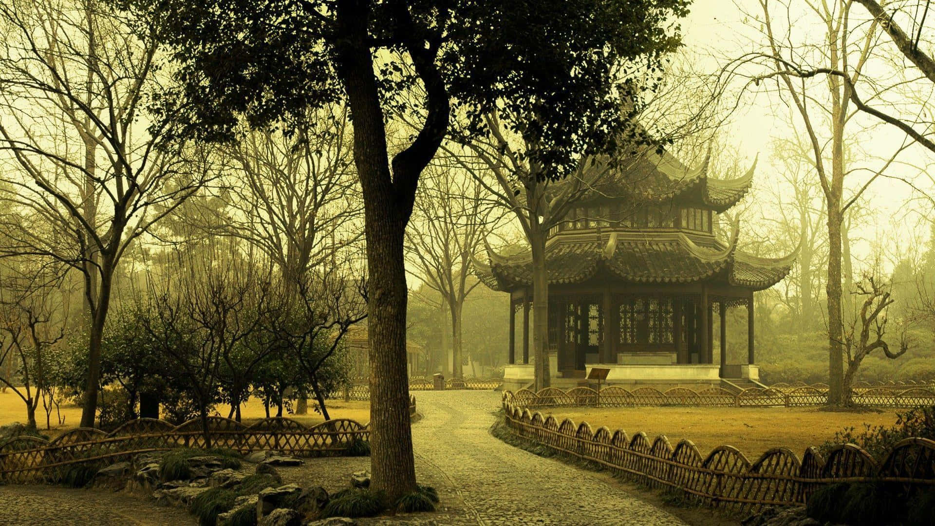 桌布 壁紙 — 一條霧氣瀰漫的花園小徑通向一個傳統中式亭子，周圍是光禿禿的樹木和竹籬笆，籠罩在朦朧的金色光芒中。