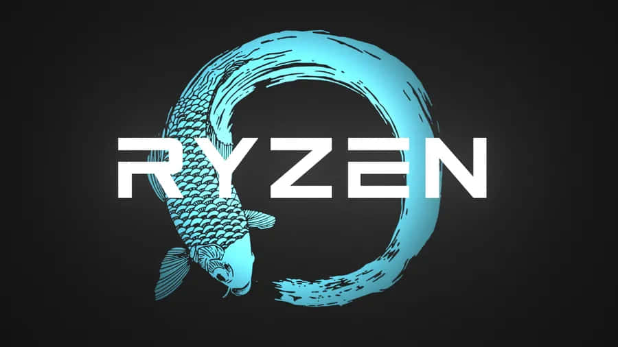 Fish ryzen 壁紙 — 一條青色錦鯉在深色背景上圍繞「RYZEN」一詞以圓形游動。