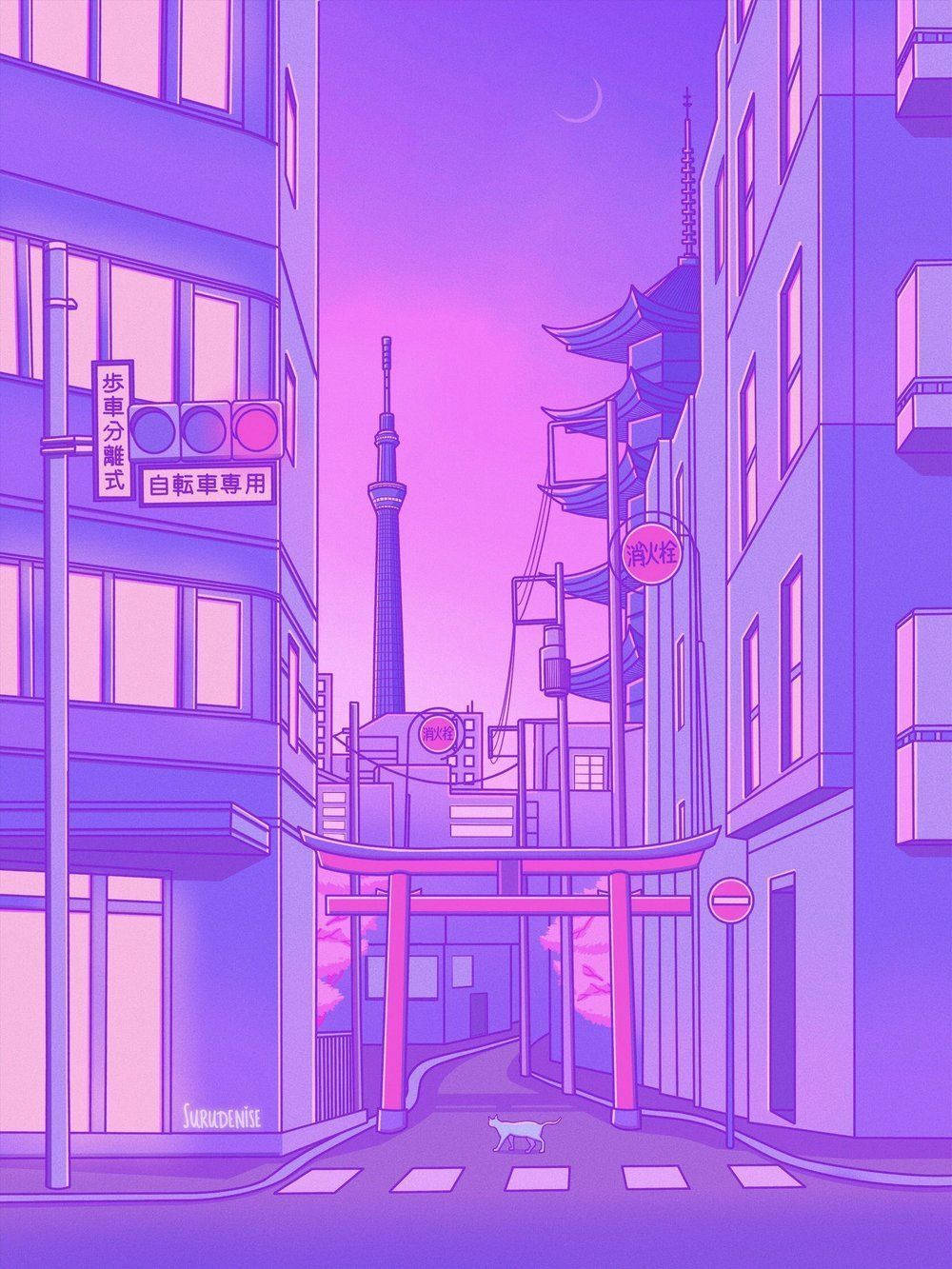 動漫 桌布 壁紙 — 一條風格化的動漫小巷，沐浴在紫色暮色中，一隻貓在鳥居和遠處的塔樓下穿過街道。