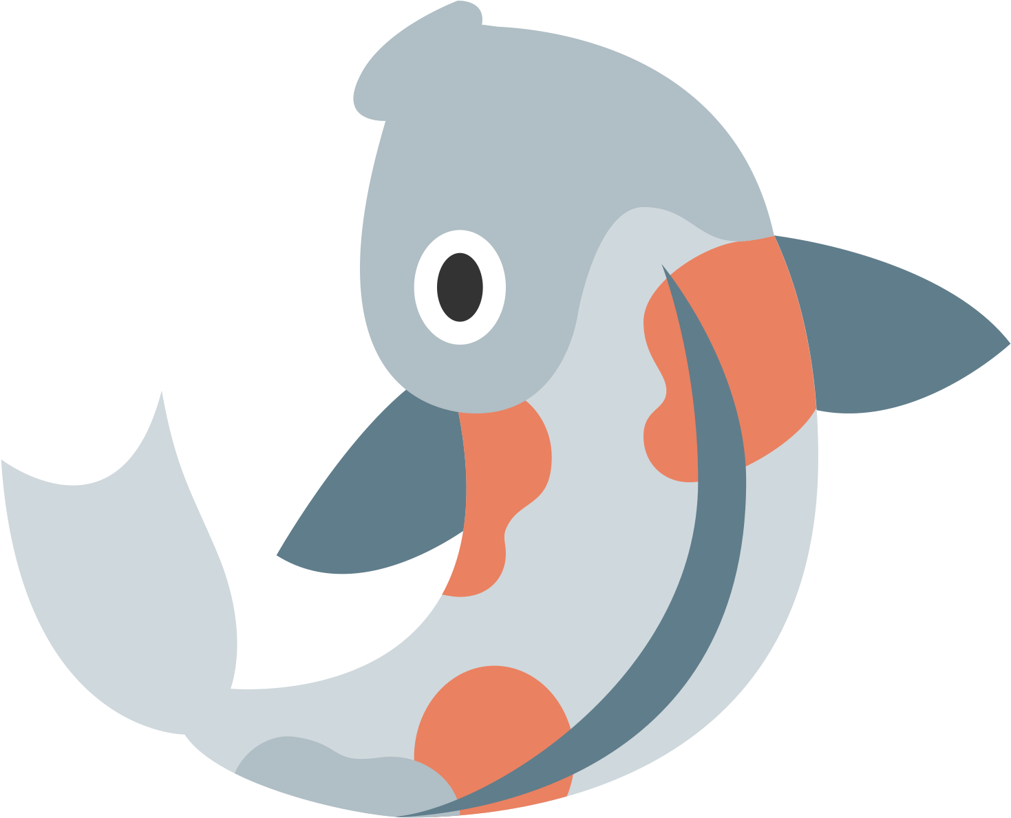 koi 桌布 壁紙 — 一條風格化的卡通魚，灰色身體帶橙色斑點和簡單的魚鰭，在黑色背景上游動。