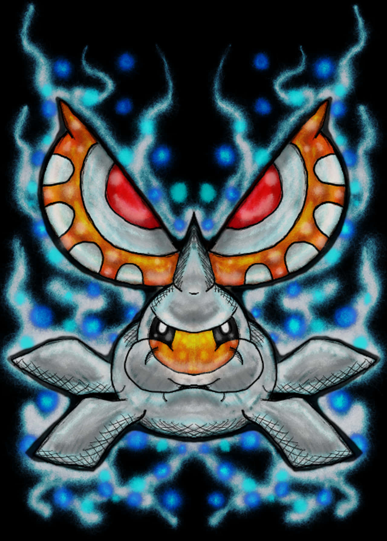 Masquerain 桌布 壁紙 — 一條風格化的卡通鯊魚，擁有火橙色眼睛和藍色電光環，背景為黑色。