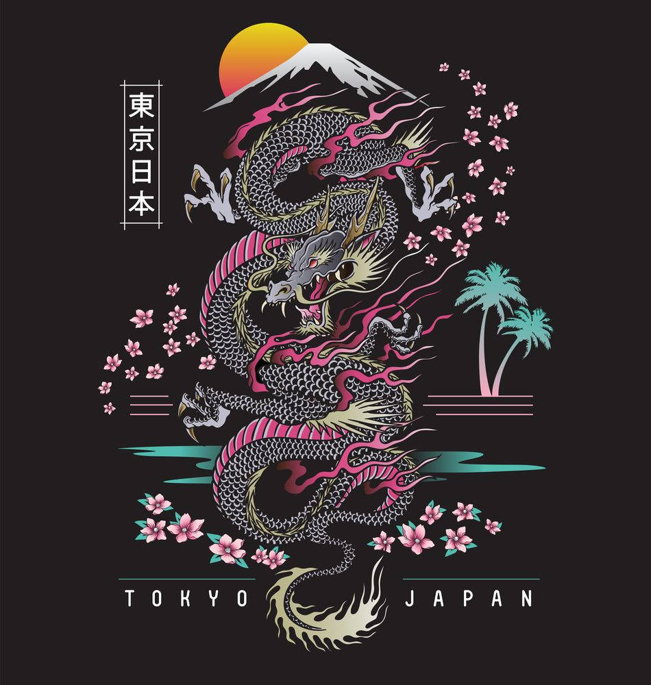 Japanese Dragon Tattoo 桌布 壁紙 — 一條風格化的日本龍纏繞著富士山，周圍有櫻花和棕櫚樹，背景是夕陽。