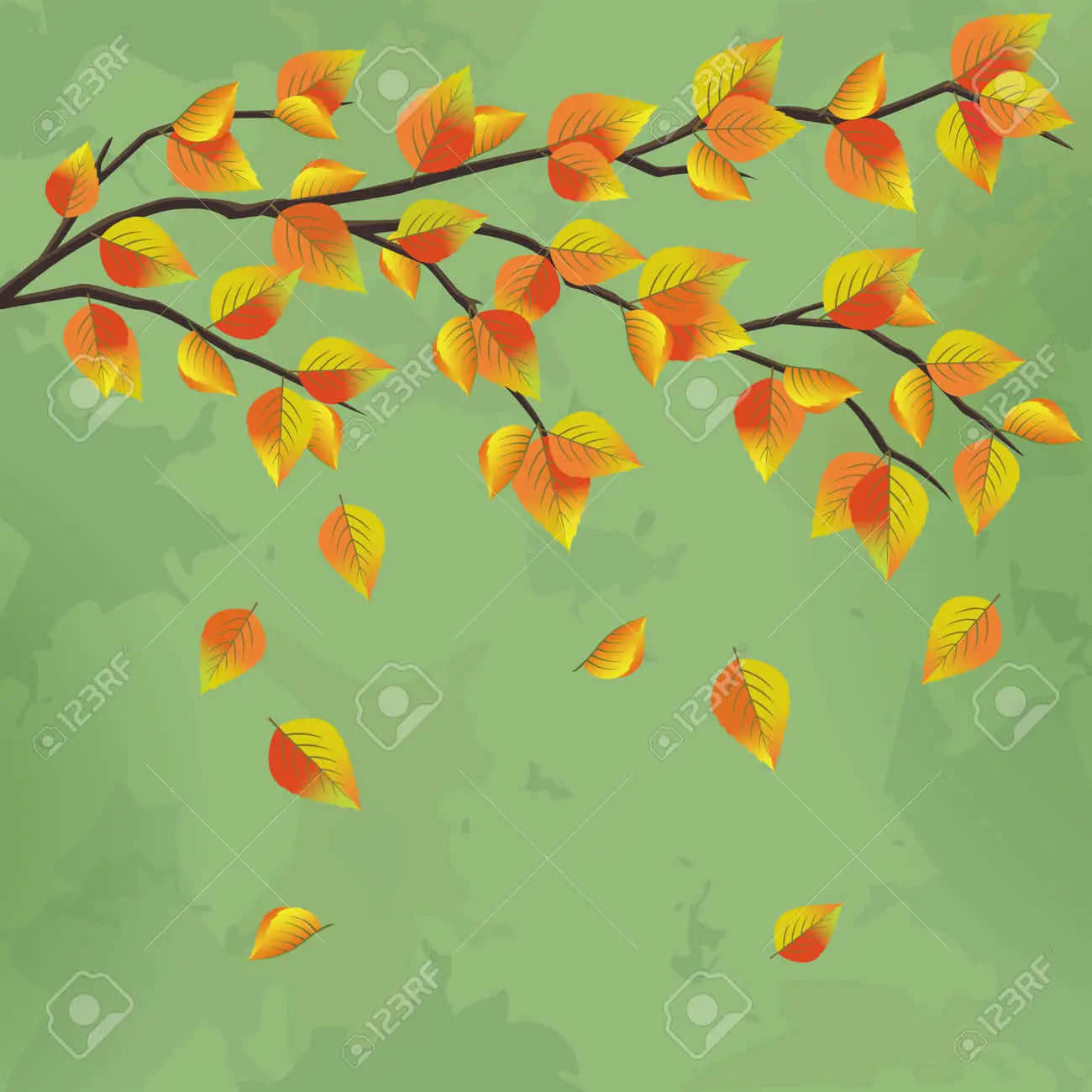 Vintage Autumn 桌布 壁紙 — 一條風格化的樹枝，帶有鮮豔的橙色和黃色秋葉，背景為有紋理的綠色。
