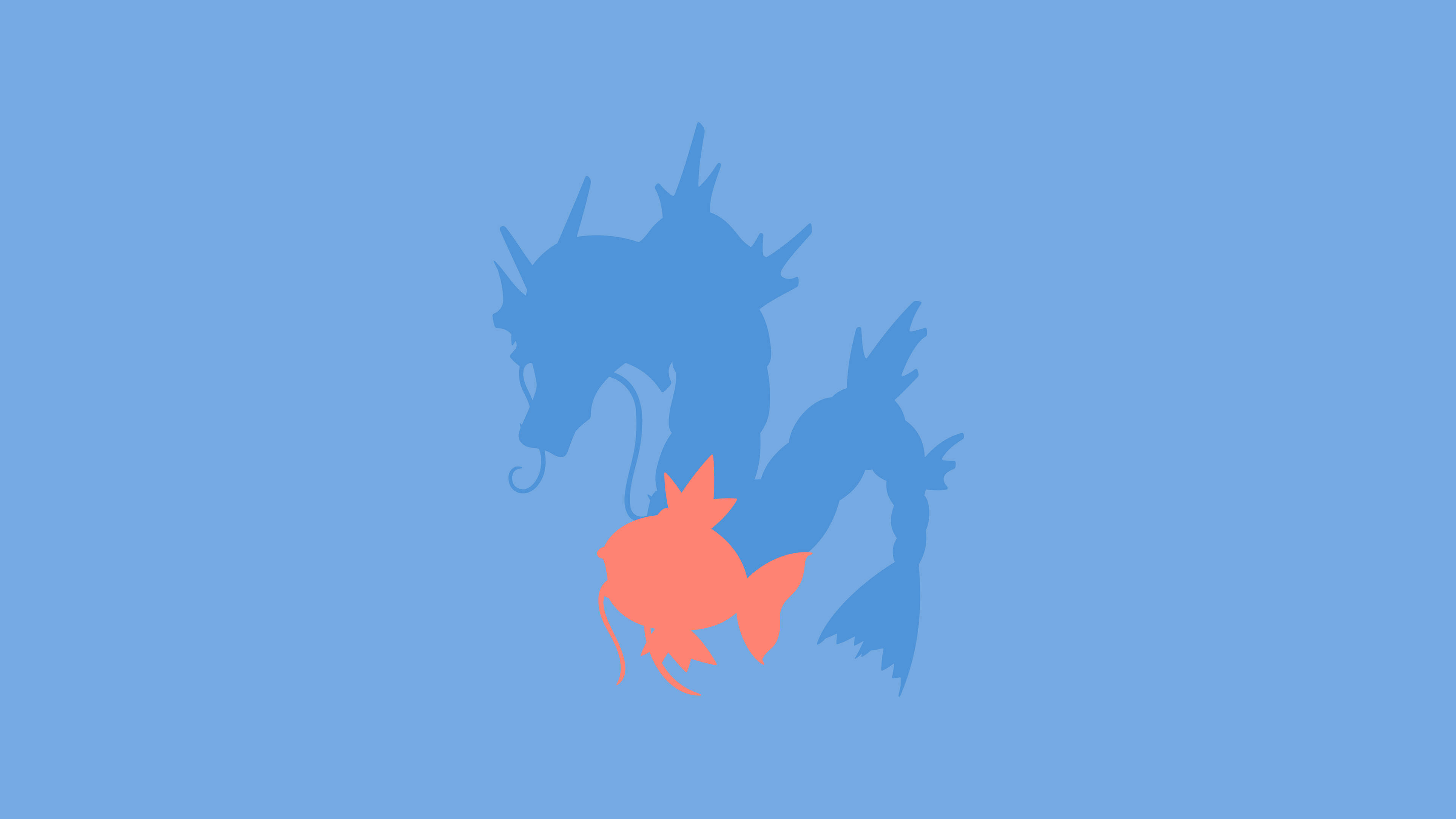 Gyarados 桌布 壁紙 — 一條風格化的橙色魚剪影在純淺藍色背景上，游在一條更大的藍色龍剪影下方。