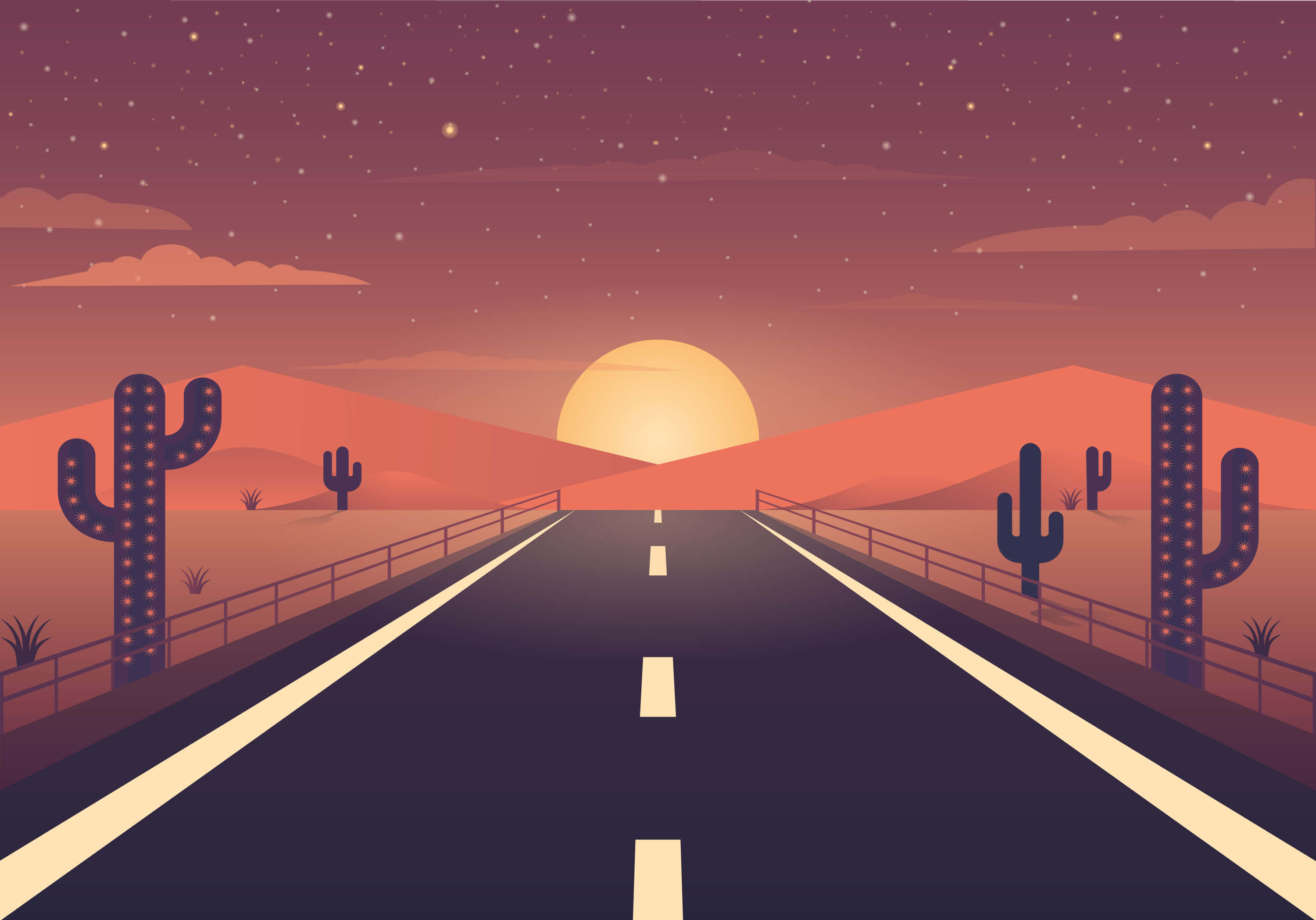 Illustration 桌布 壁紙 — 一條風格化的沙漠高速公路在繁星點點的暮色天空下延伸向發光的太陽，道路兩旁種滿了仙人掌。