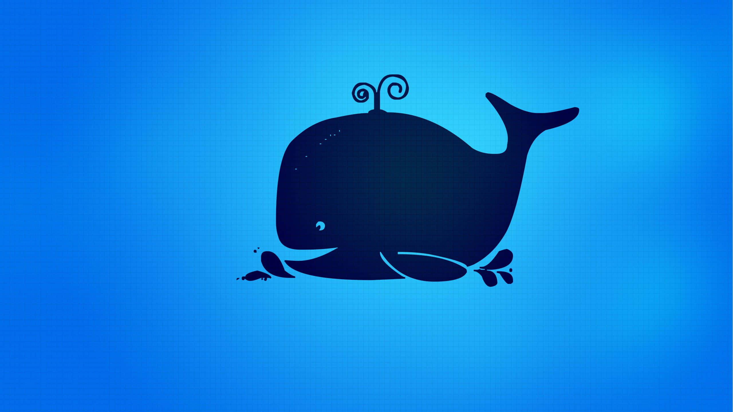 blue whale 桌布 壁紙 — 一條風格化的深藍色鯨魚剪影，帶有捲曲的背鰭，在漸變藍色背景中游動。