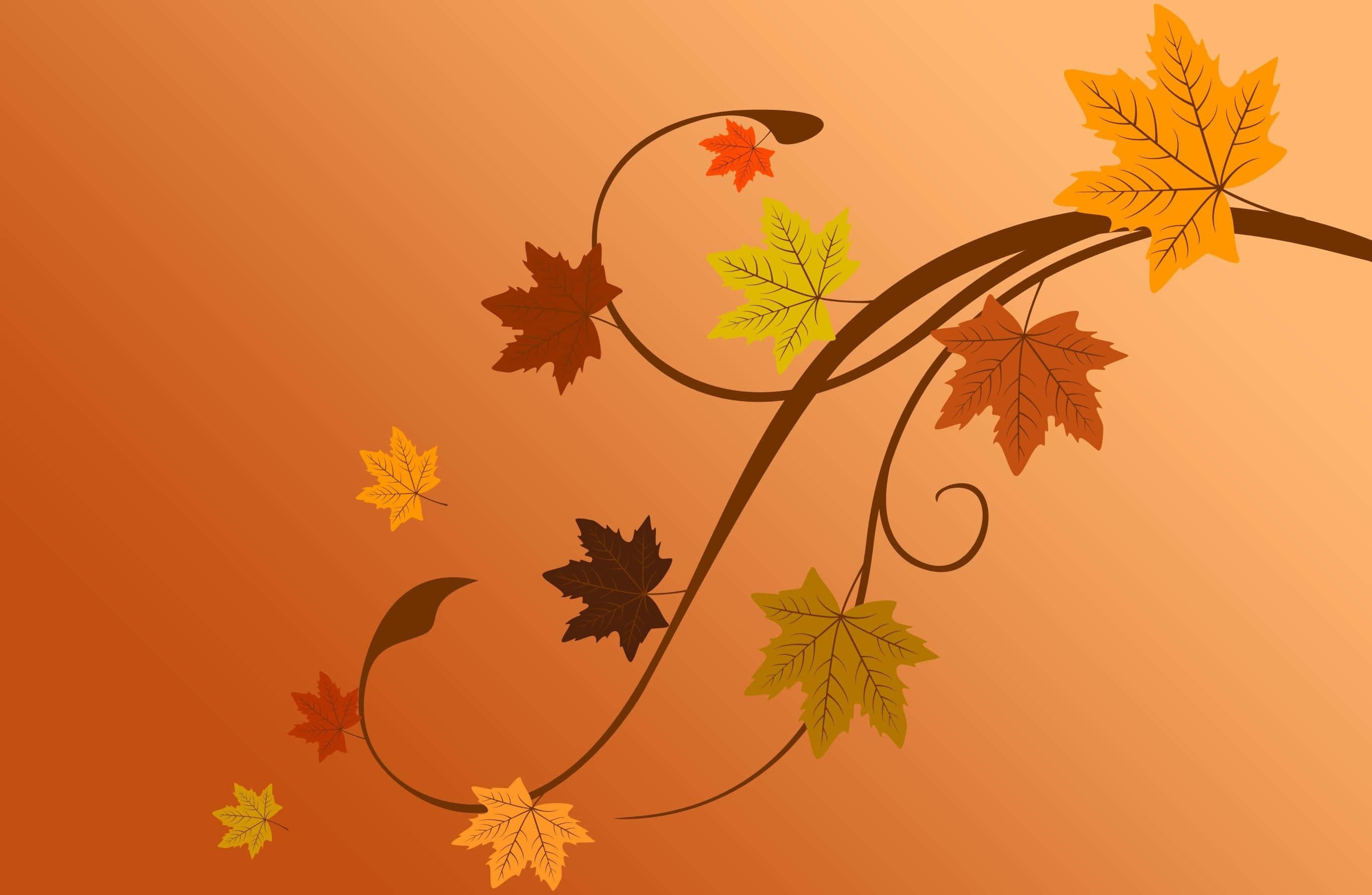Simple Fall 桌布 壁紙 — 一條風格化的秋葉藤蔓以溫暖的橙色調優雅地彎曲穿過框架，散落著紅色、黃色和棕色的楓葉。