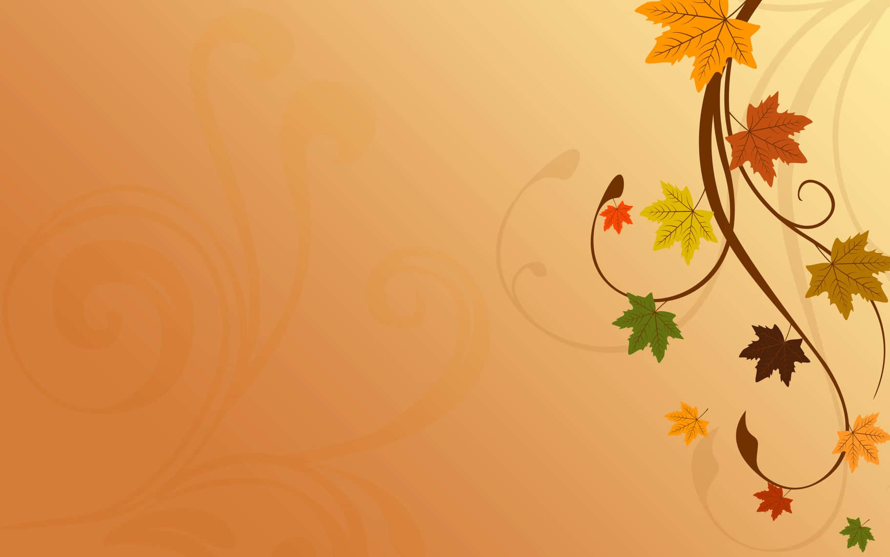 Beautiful Thanksgiving 桌布 壁紙 — 一條風格化的秋藤，帶有色彩繽紛的葉子，在溫暖的漸變背景上優雅地彎曲。