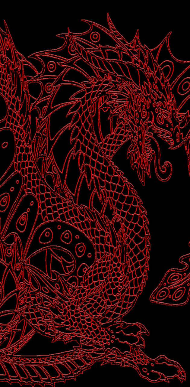 龍 桌布 壁紙 — 一條風格化的紅龍，帶有複雜的鱗片和流暢的線條，在純黑色背景上動態盤繞。
