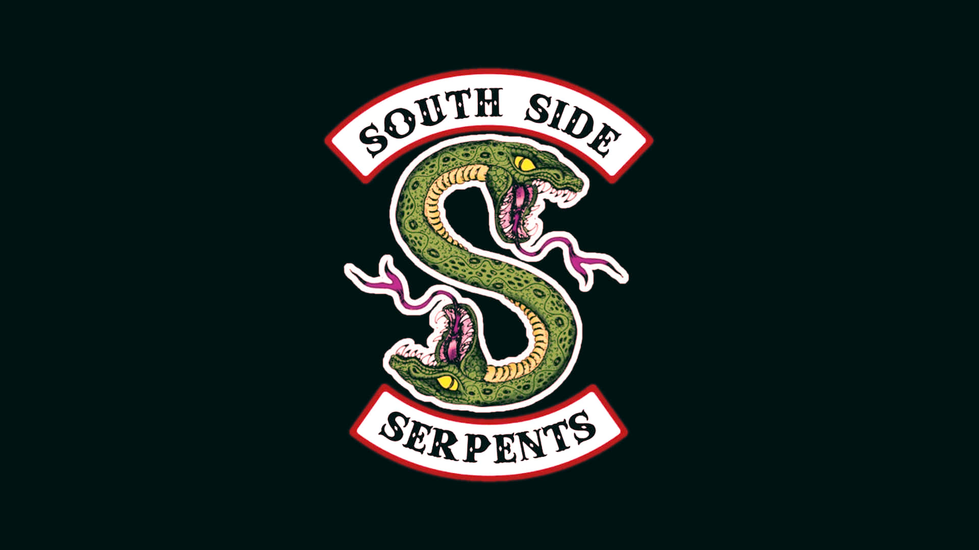 Southside Serpents 桌布 壁紙 — 一條風格化的綠色蛇在團隊標誌中形成S形，標誌上有「SOUTH SIDE SERPENTS」文字，背景為深色。