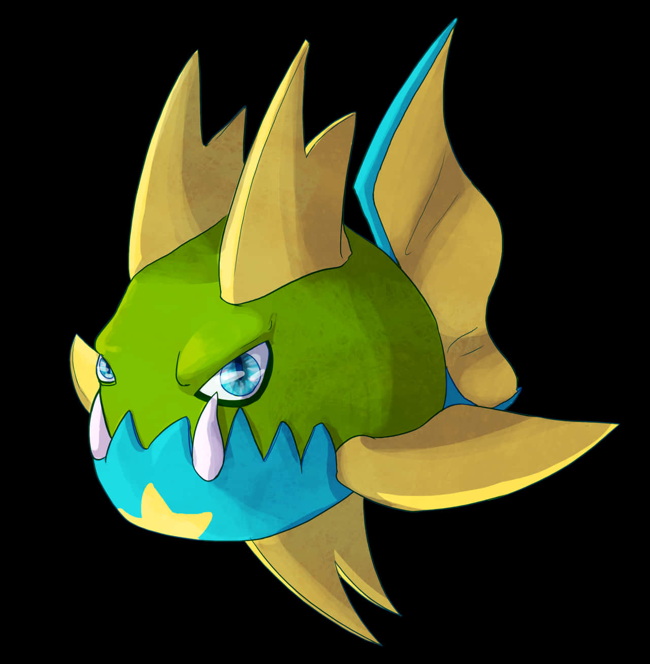 Pokemon Aesthetic 桌布 壁紙 — 一條風格化的綠色魚，帶有金色刺和藍色鰭，在黑色背景下強烈凝視。