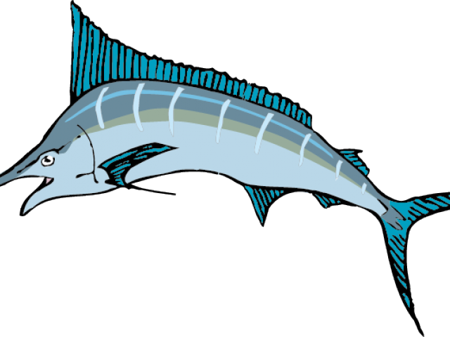 Swordfish 桌布 壁紙 — 一條風格化的藍色馬林魚在純黑色背景上動態跳躍，帶有粗線條和條紋魚鰭。