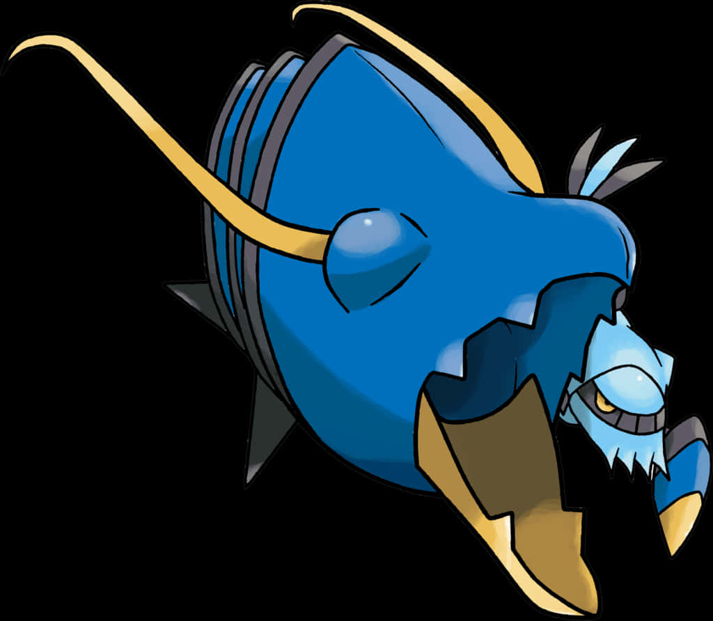 藝術 桌布 壁紙 — 一條風格化的藍色魚類寶可夢，有金色魚鰭和尖銳牙齒，背景為黑色。