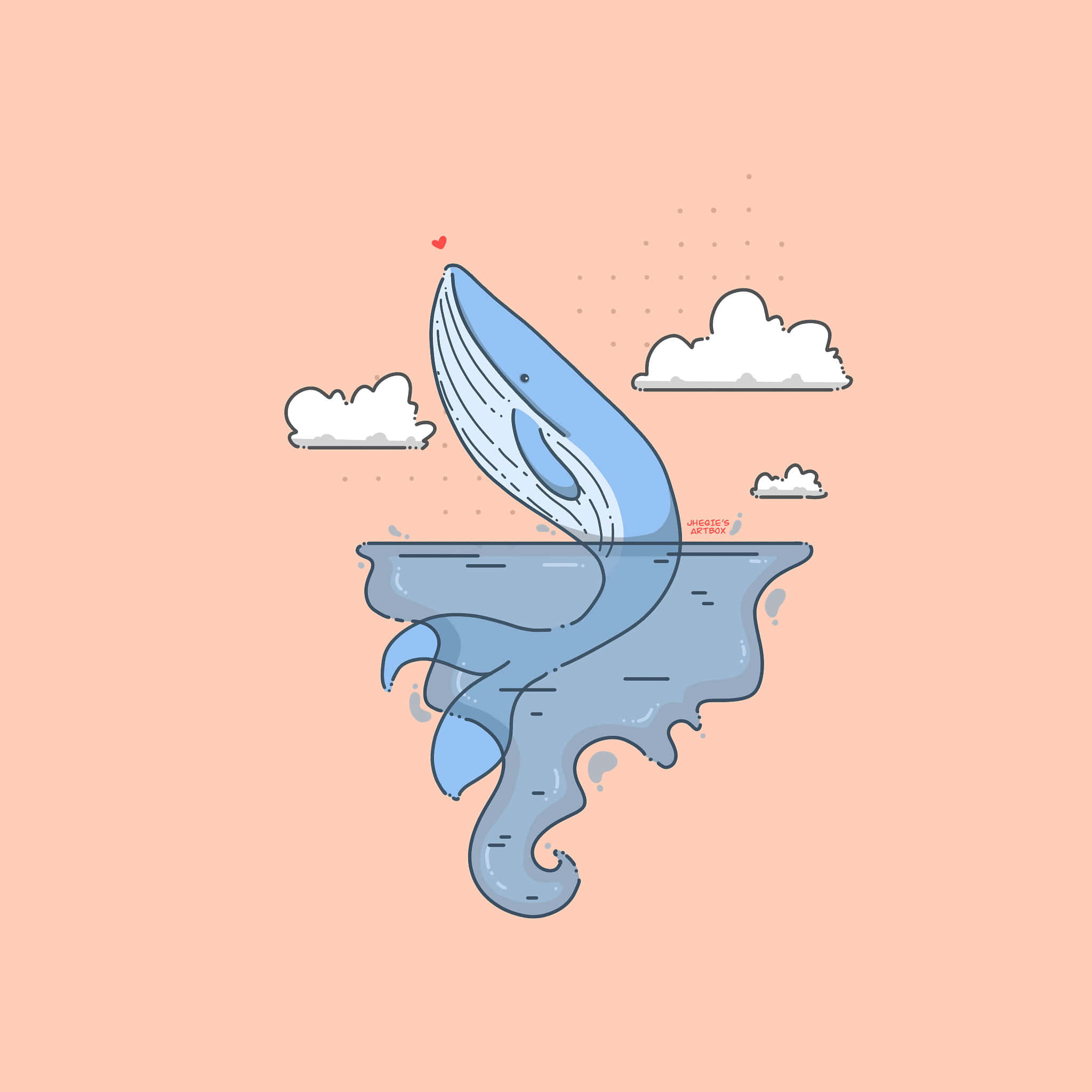blue whale 桌布 壁紙 — 一條風格化的藍鯨在平靜的水面上躍出，背景是柔和的桃色天空、蓬鬆的雲朵，上方還有一個小小的紅色心形。