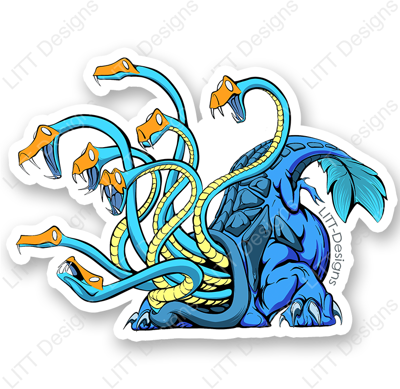 Sticker 桌布 壁紙 — 一條風格化的藍黃色多頭蛇，長有尖銳的牙齒和流暢的尾巴，背景為黑色。