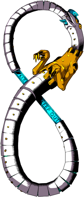 Jojo 桌布 壁紙 — 一條風格化的金屬蛇盤繞成無限符號，帶有金色毒牙和在其分段身體上的藍色「KEEP OUT」標誌。