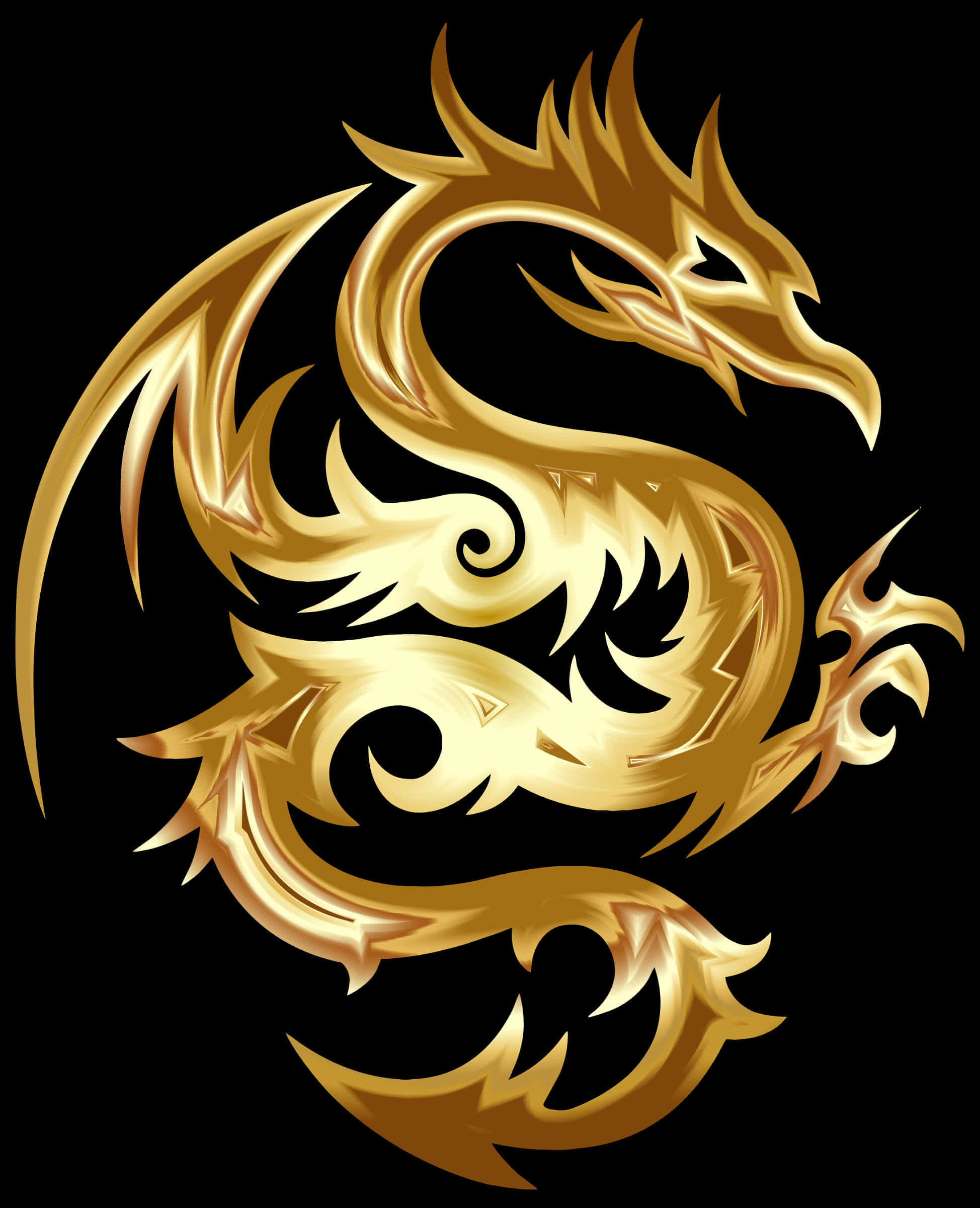 Dragon Profile 桌布 壁紙 — 一條風格化的金色龍，帶有複雜的火焰狀圖案，在純黑色背景上動態盤繞。