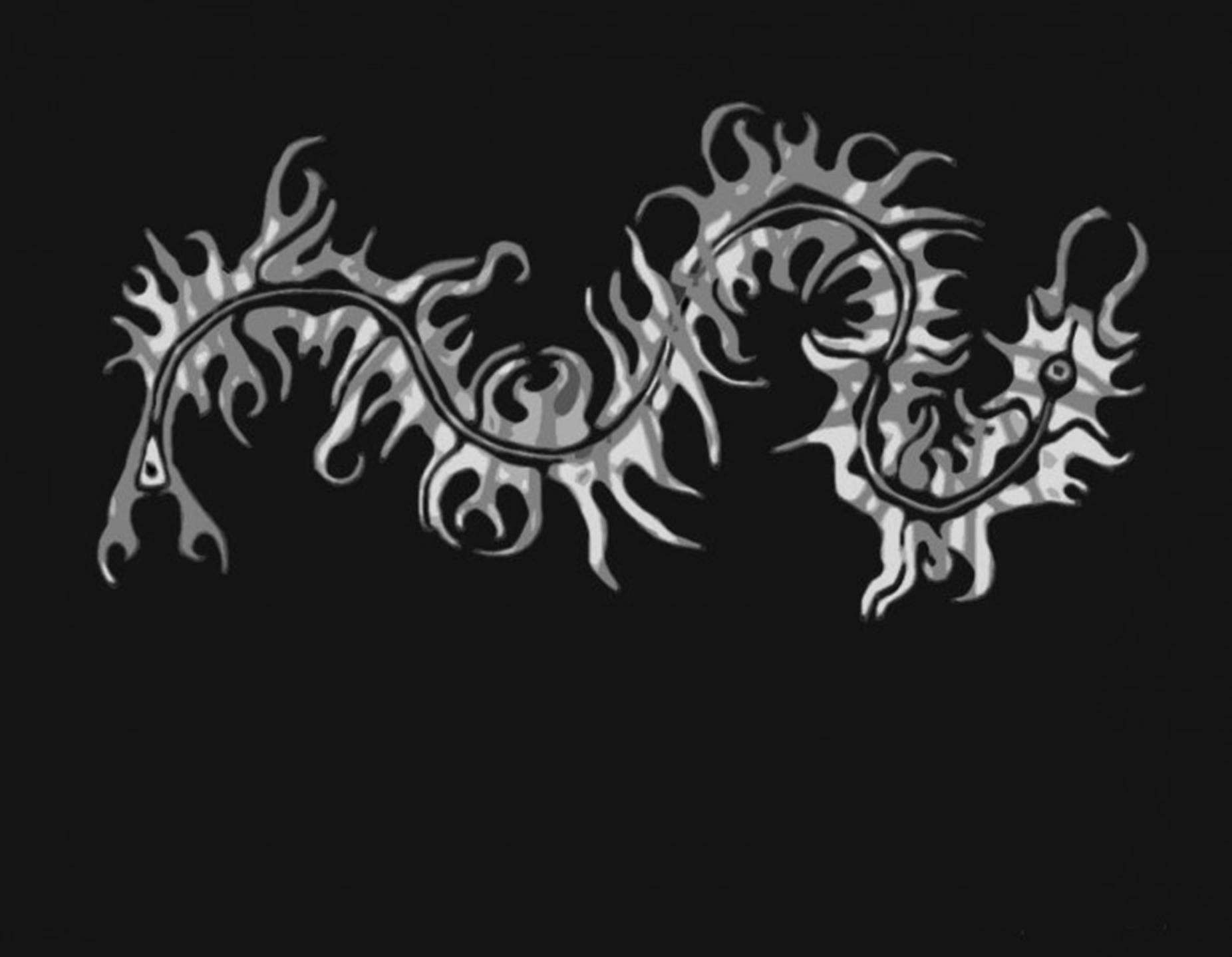 Centipede 桌布 壁紙 — 一條風格化的銀龍，帶有火焰狀的尖刺，在黑色背景上以複雜的部落圖案盤繞。