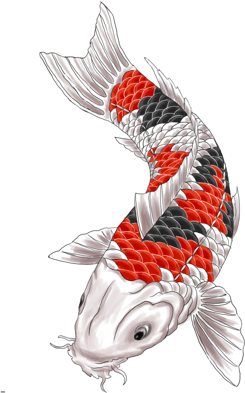 koi 桌布 壁紙 — 一條風格化的錦鯉，帶有紅、黑、白色的鱗片，在純黑背景上優雅地游動。