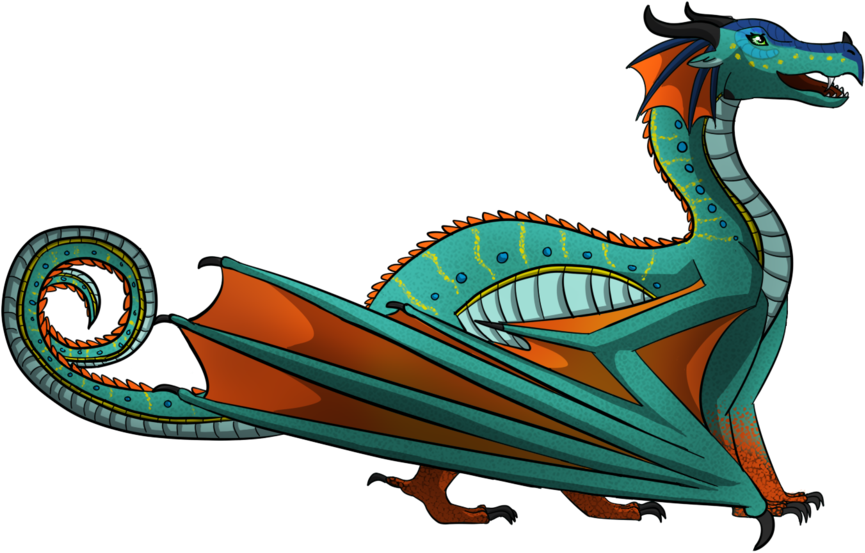 Wings Of Fire 桌布 壁紙 — 一條風格化的青綠色和橙色龍，帶有圖案翅膀和盤繞的尾巴，在黑色背景上擺出姿勢。