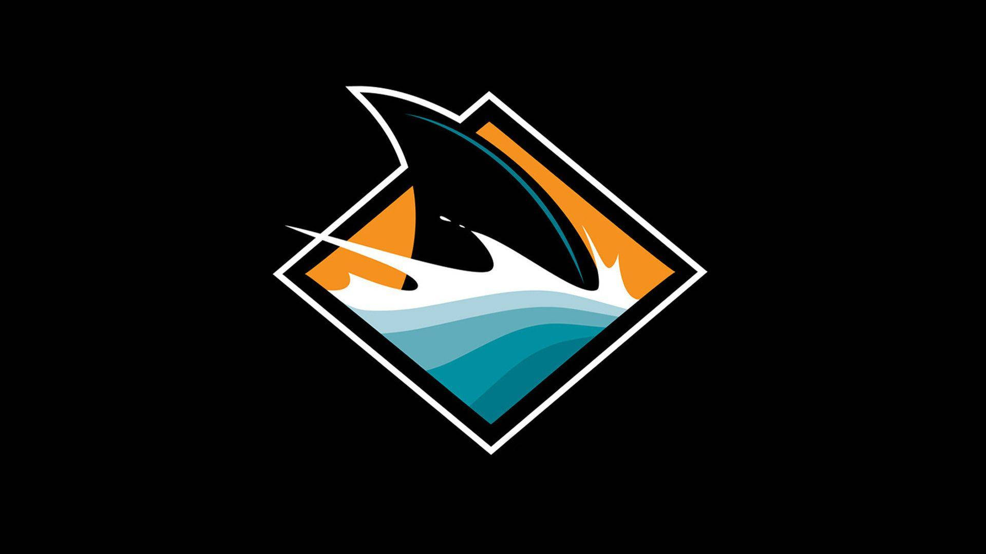 sharks 桌布 壁紙 — 一條風格化的馬林魚從藍綠色波浪中躍出，置於鑽石框架內，背景為黑色。