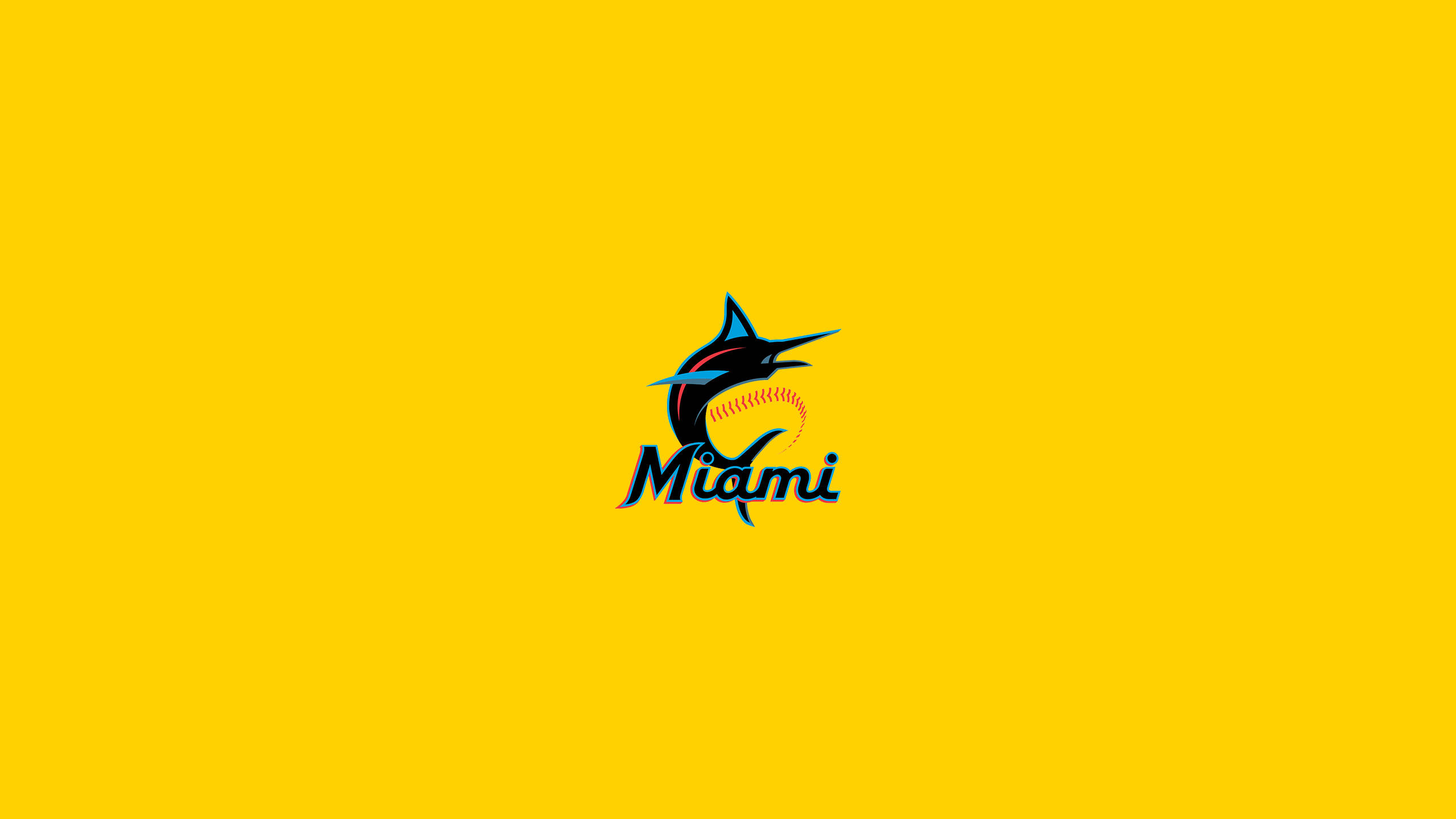 Marlins 桌布 壁紙 — 一條風格化的馬林魚跳過棒球，'Miami' 文字居中在純黃色背景上。