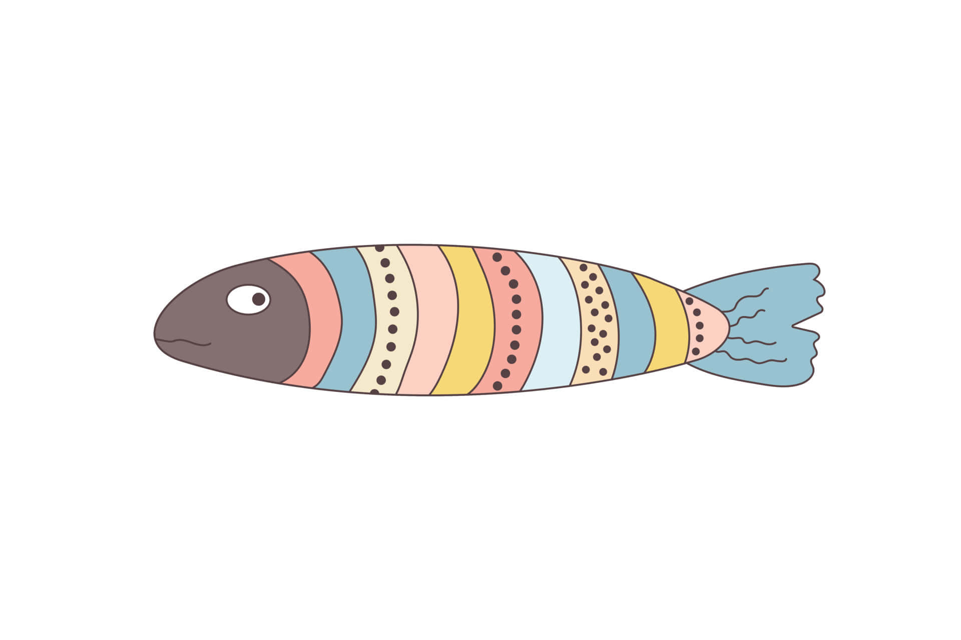 Cartoon Drawing 桌布 壁紙 — 一條風格化的魚，帶有粉彩彩虹條紋和點狀圖案，在純白色背景上游動。