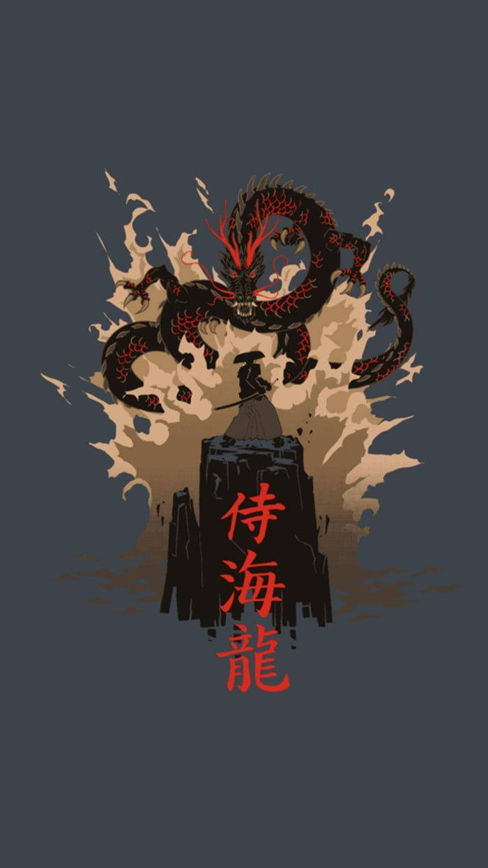 日式龍 桌布 壁紙 — 一條風格化的黑色龍帶有紅色點綴，從一個帶有紅色漢字的石碑中衝出，背景為深灰色。