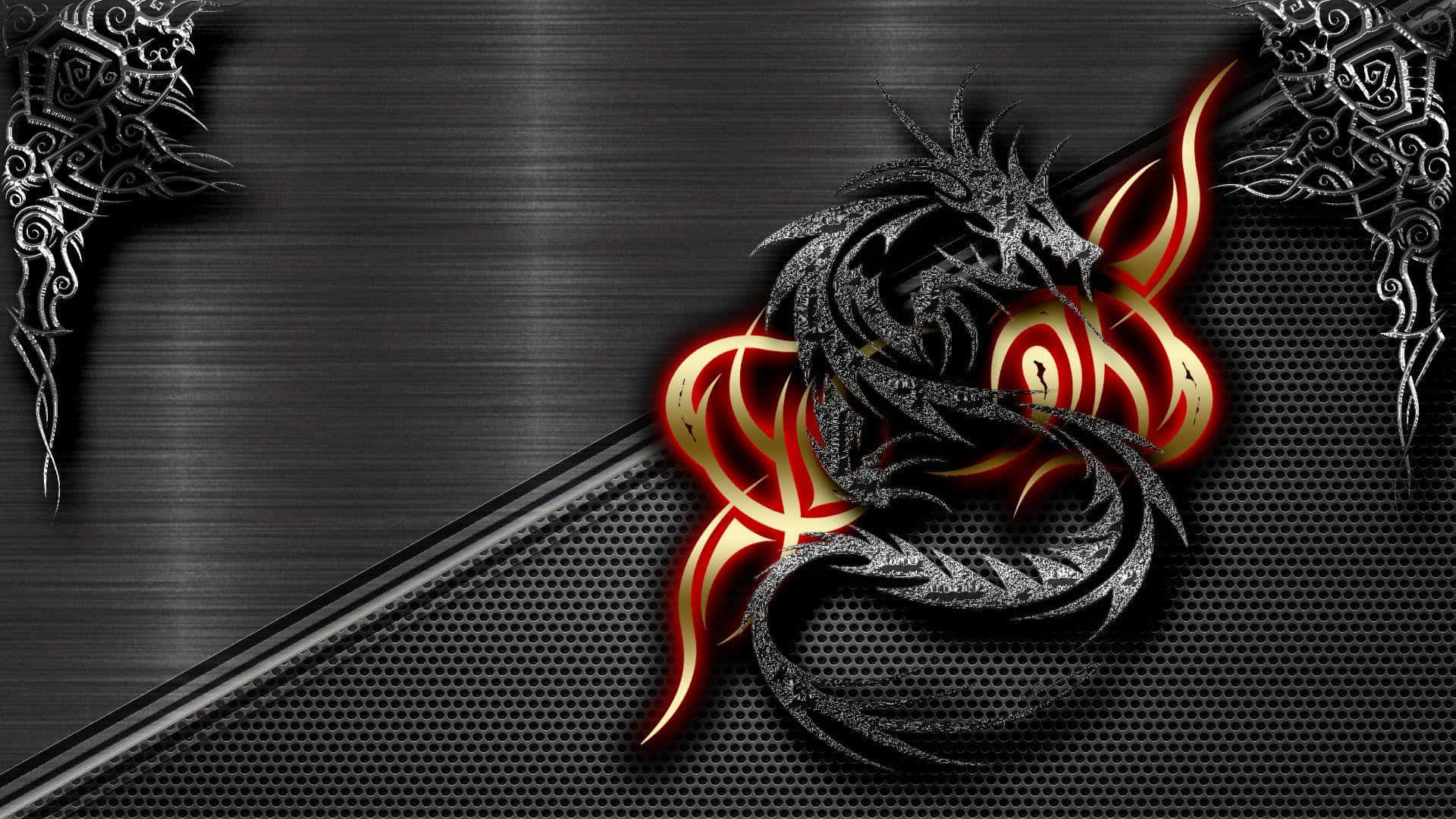 Black Dragon 桌布 壁紙 — 一條風格化的黑龍，帶有發光的紅色和金色點綴，在紋理金屬背景上動態盤繞。