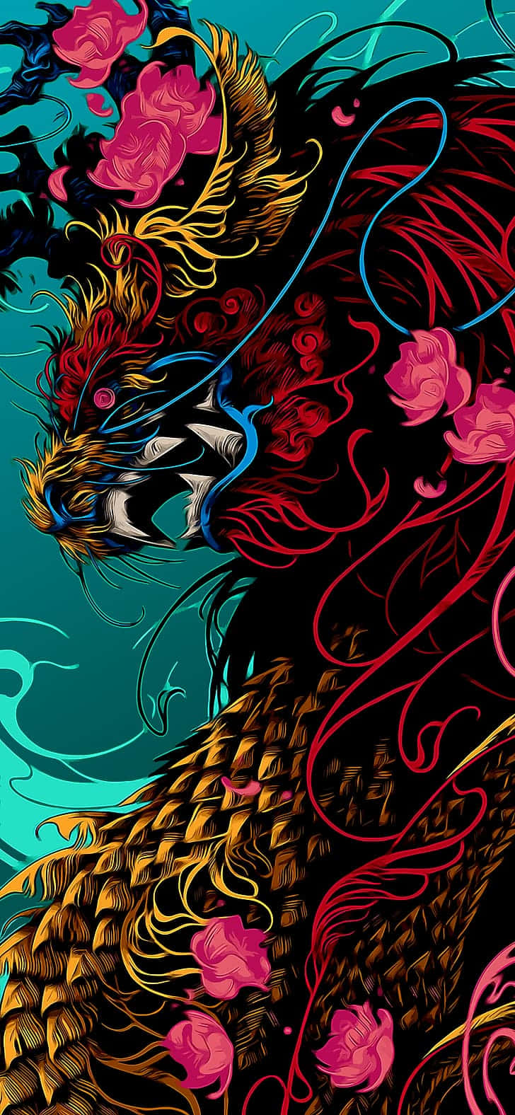 龍 桌布 壁紙 — 一條風格化的龍，帶有火紅和金色的鱗片，粉紅色的花朵在藍綠色背景上旋轉。
