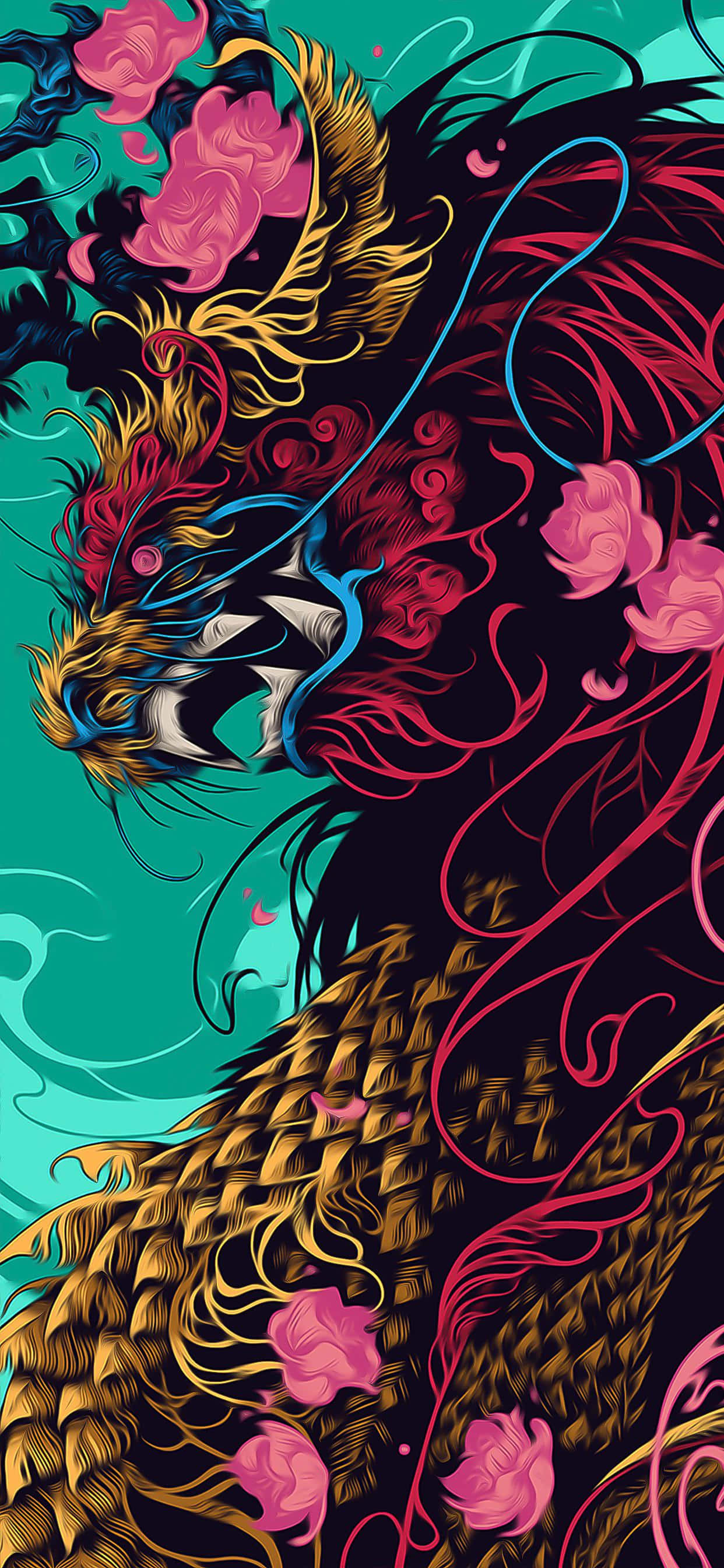 龍 桌布 壁紙 — 一條風格化的龍，帶有金色鱗片和粉紅色花朵，在充滿活力的數位藝術中，在青綠色背景上盤旋。