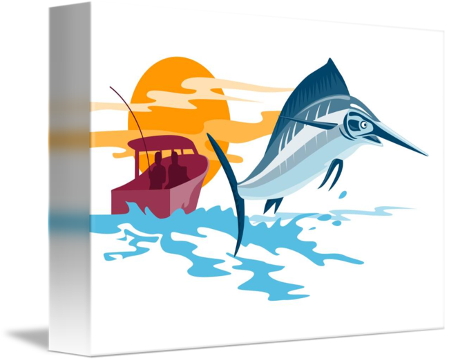 Swordfish 桌布 壁紙 — 一條馬林魚從藍色波浪中躍起，一艘載有兩個人的漁船在橙色日落背景下觀看。