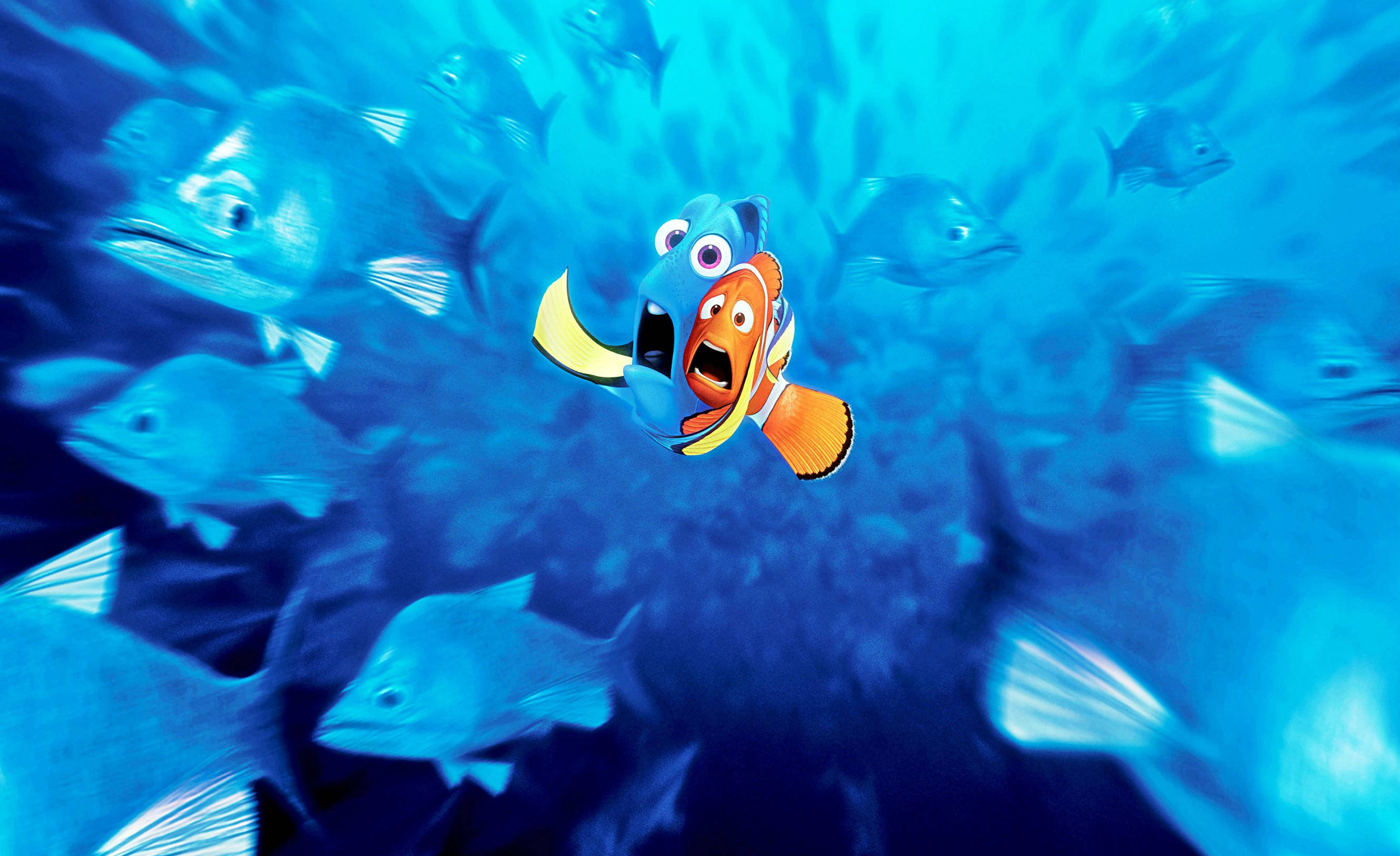 nemo 桌布 壁紙 — 一條驚訝的小丑魚在深海水中被旋轉的藍色魚群包圍著，游在畫面中央。