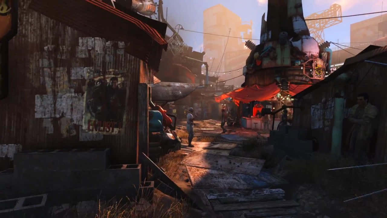 Diamond City 桌布 壁紙 — 一條骯髒的城市小巷，沐浴在溫暖的夕陽光中，有生鏽的建築物和散落的碎片。