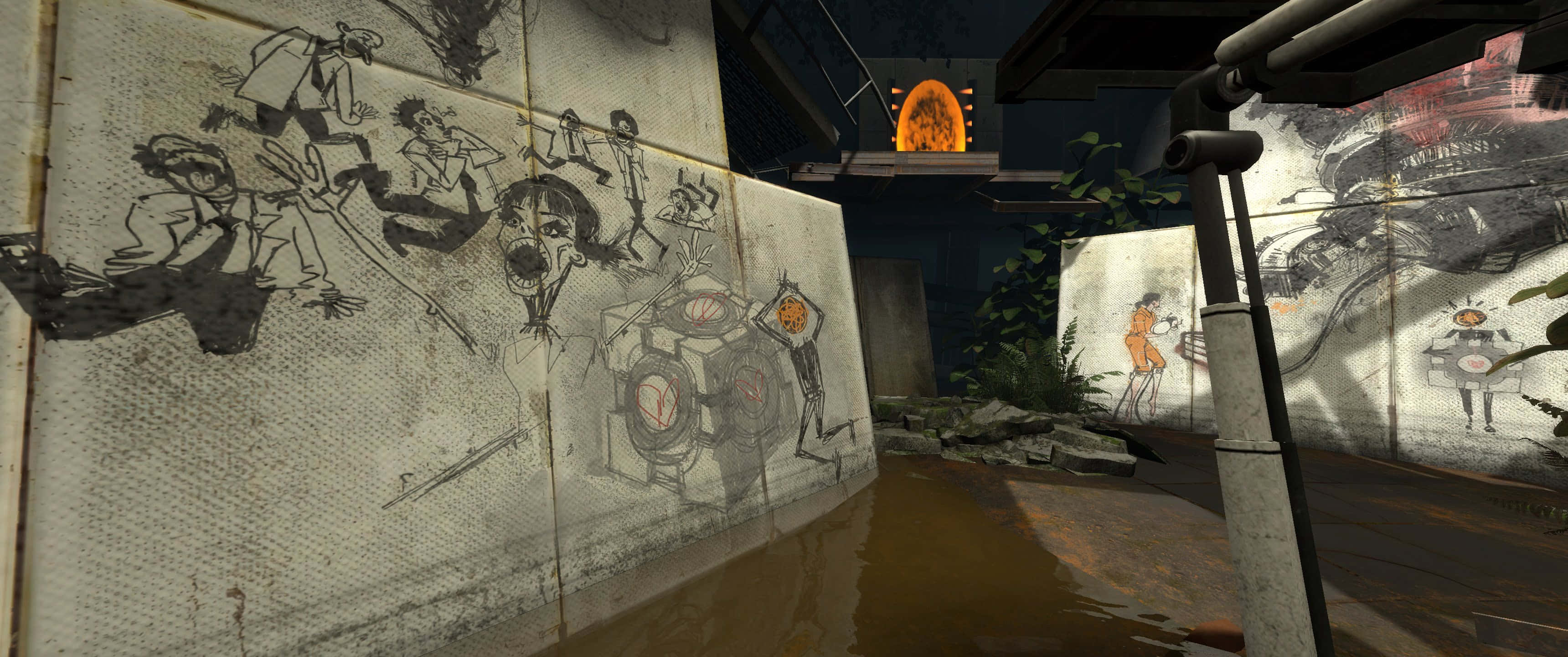 3440x1440p Portal 2 桌布 壁紙 — 一條骯髒的城市小巷，牆上佈滿塗鴉，遠處有一個發光的橙色傳送門。