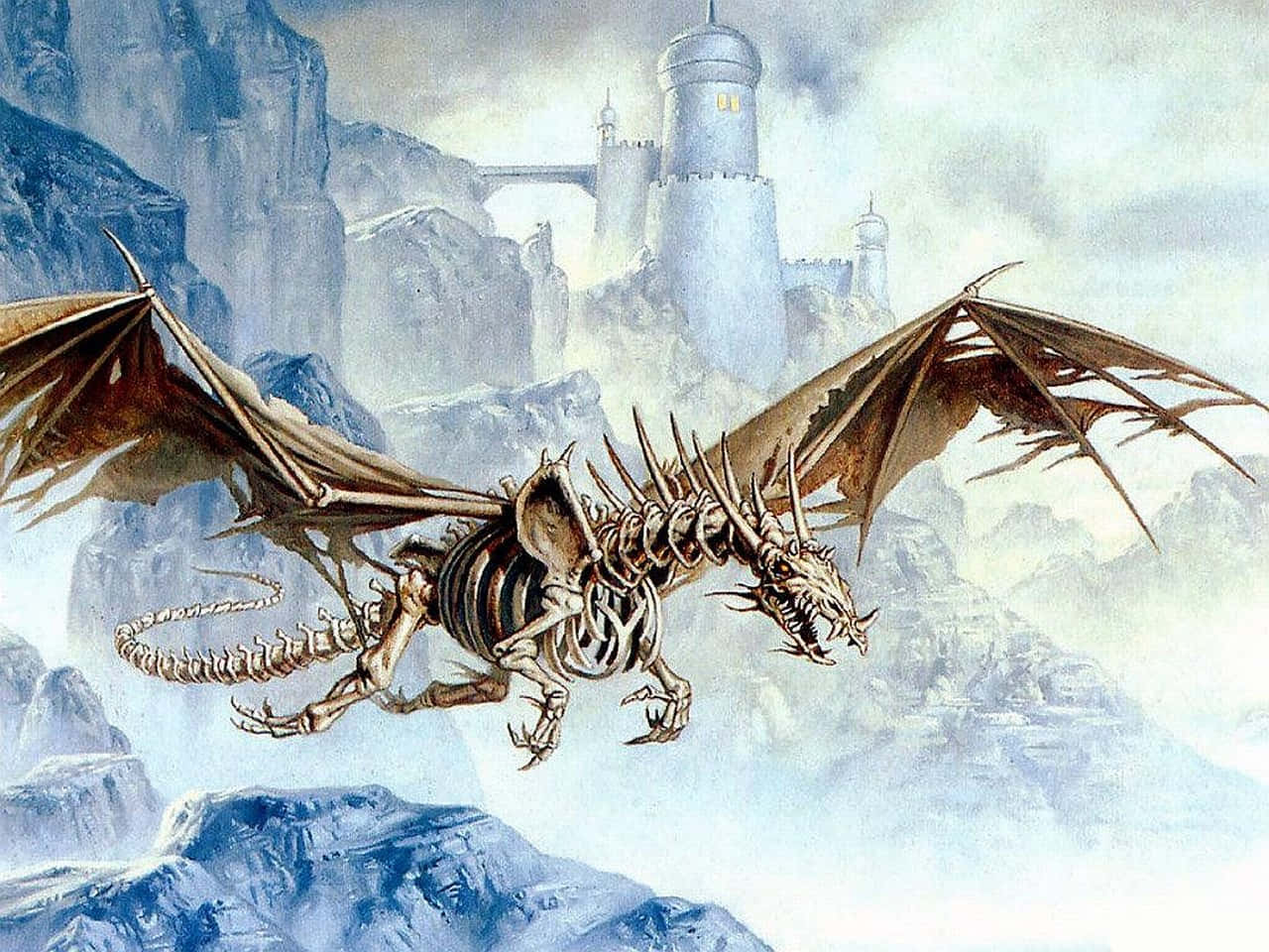 Beautiful Dragon 桌布 壁紙 — 一條骷髏龍在霧氣繚繞的山巒間翱翔，遠處的城堡在雲層中閃耀。